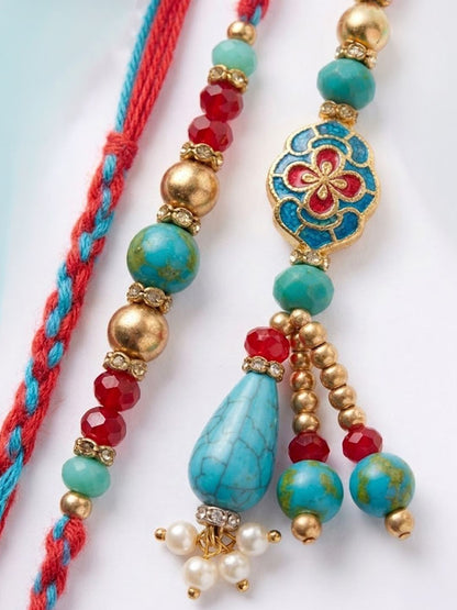 Dhiyona Set Of 2 Multicolor Artificial Beads Bhaiya Bhabhi Thread Rakhi With Roli Chawal