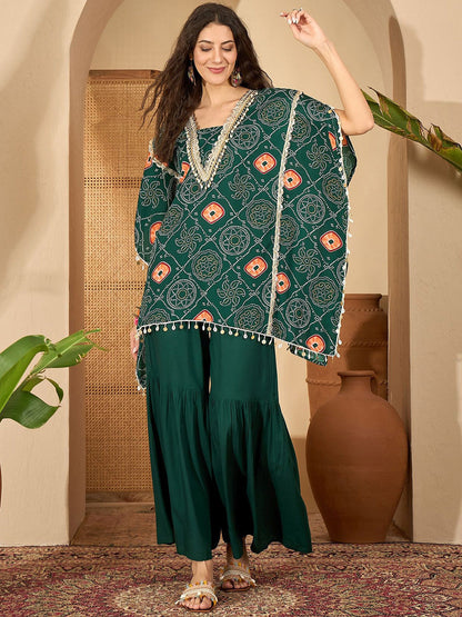 bandhani Printed Square Neck Beads And Stones Kaftan Kurti With Sharara