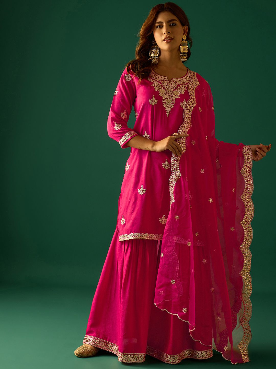 Dhiyona VA Women Ethnic Motifs Embroidered Kurta with Sharara & Dupatta