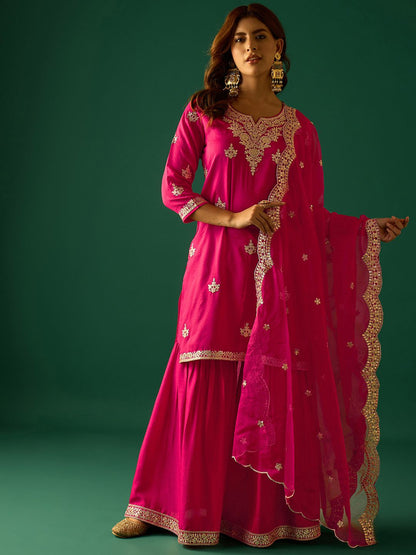 Dhiyona VA Women Ethnic Motifs Embroidered Kurta with Sharara & Dupatta