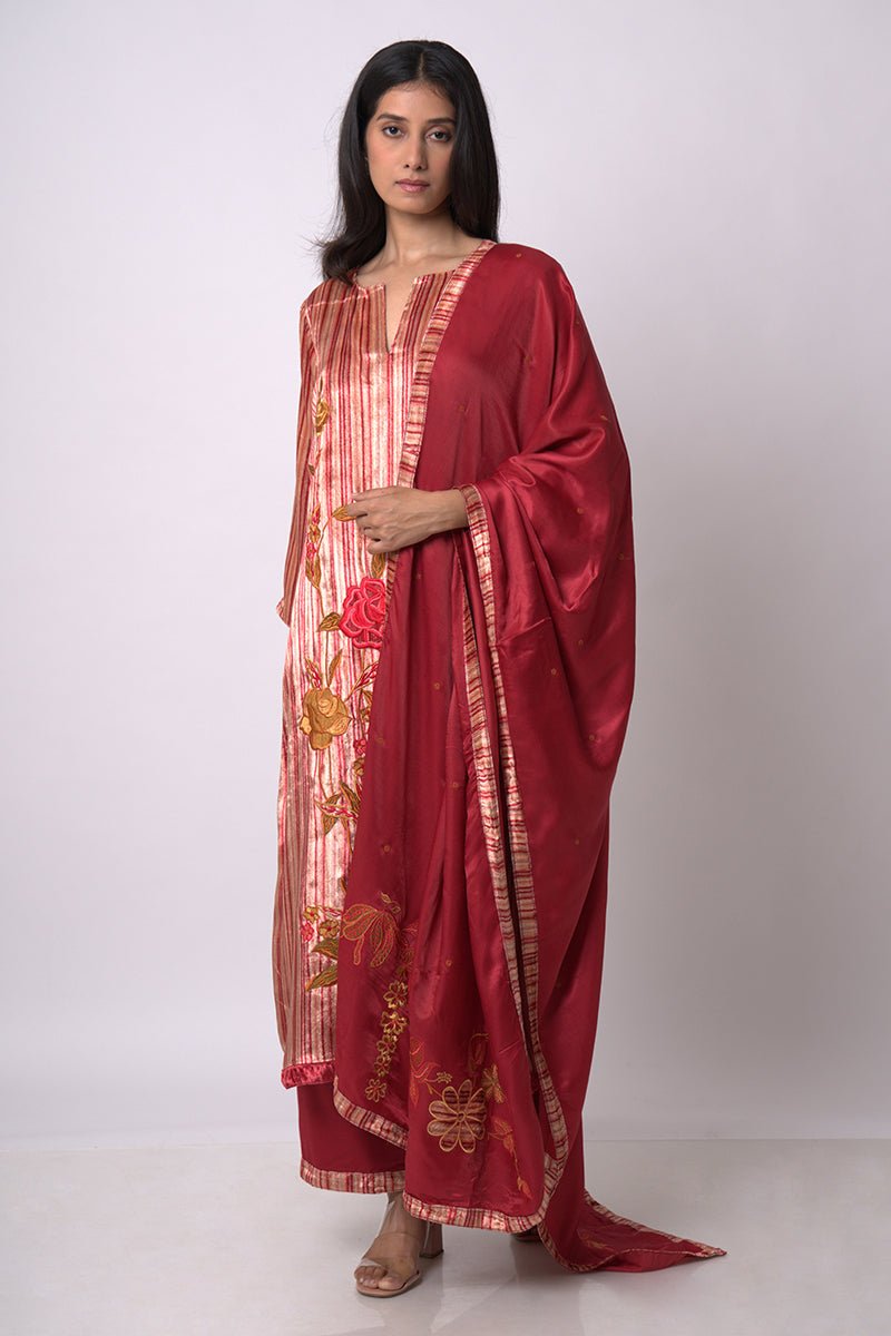 Women's Maroon and Beige Silk Velvet Salwar Suit