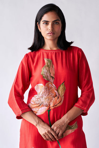 Women's Red Bemberg Silk Co-ord Set