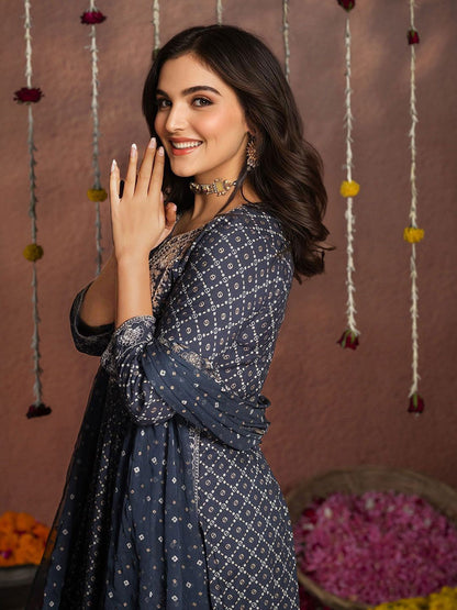 Dhiyona IS Women's Embroidered Pleated Kurta & Trousers With Dupatta