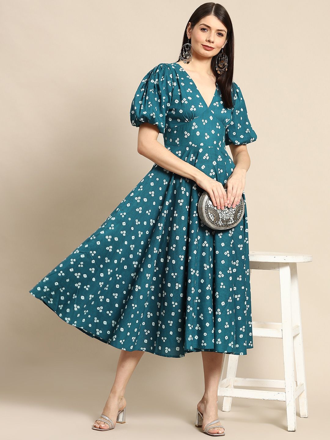 Dhiyona AY Women's Teal Green & White Bandhani Printed Pure Cotton A-Line Midi Dress