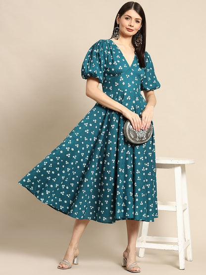 Dhiyona AY Women's Teal Green & White Bandhani Printed Pure Cotton A-Line Midi Dress