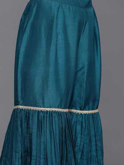 Dhiyona LL Teal & Gold-Toned Embroidered Sequinned Pure Silk Kurta with Sharara & Dupatta