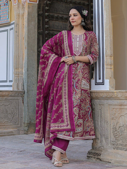 Dhiyona RR Women's Paisley Printed Thread Work Pure Cotton Kurta with Trousers & Dupatta