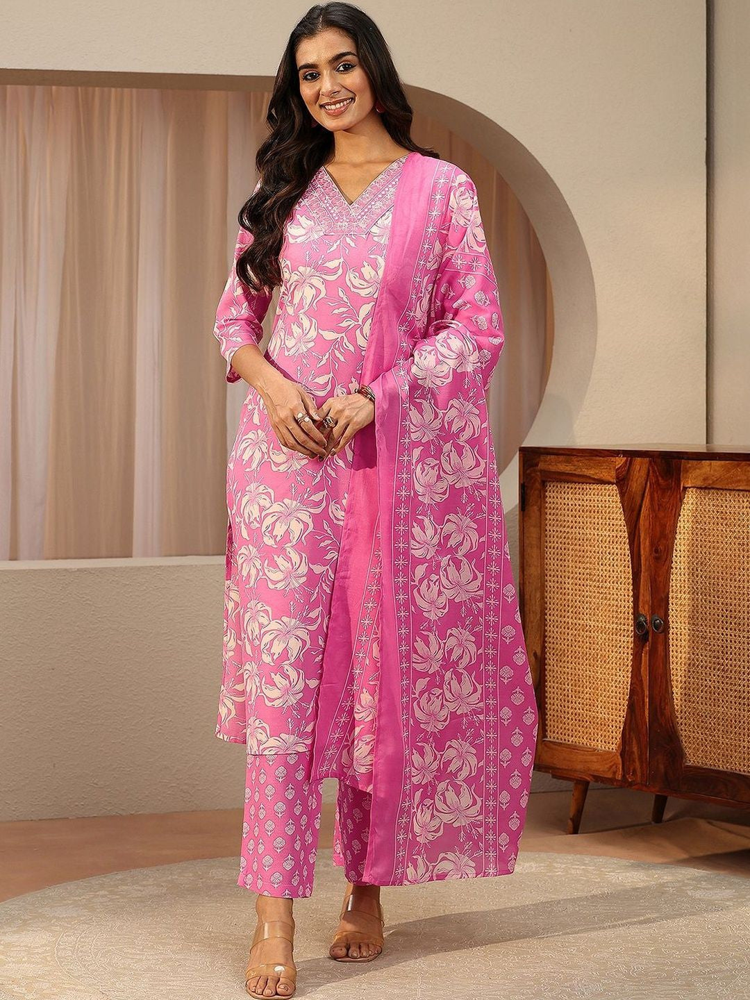 Pink Floral Printed Cotton Straight Suit Set