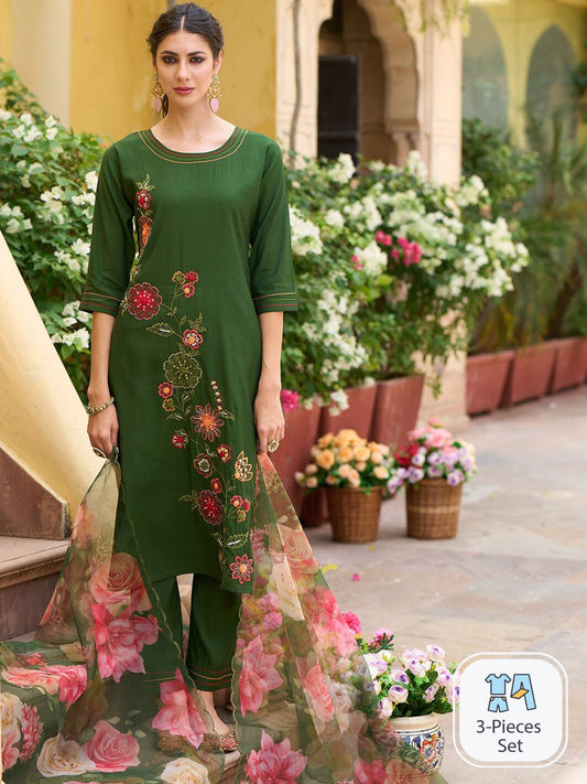 Floral Embroidered Thread Work Kurta With Trousers & Dupatta