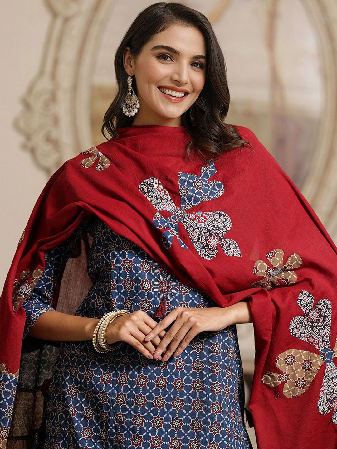 Dhiyona IS Women's Printed Applique Embroidered Pure Cotton Straight Kurta with Trouser & Dupatta