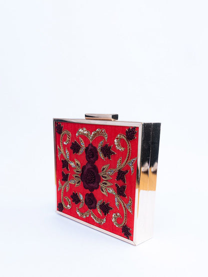 Dhiyona NR Red & Purple Embroidered Box Clutch