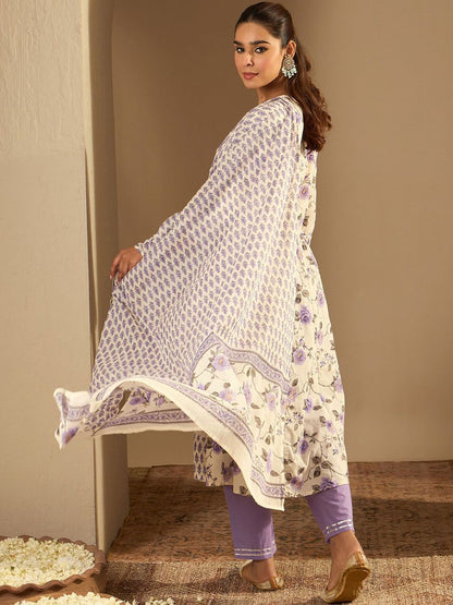 Dhiyona IE Floral Printed A-Line Sequinned Pure Cotton Kurta with Trousers & Dupatta
