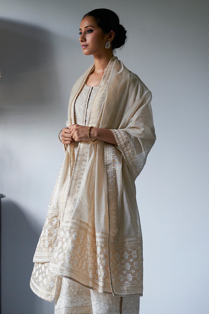 Women's Fog Beige Woven Zari Kurta Suit Set With Delicate Embroidery Detailing
