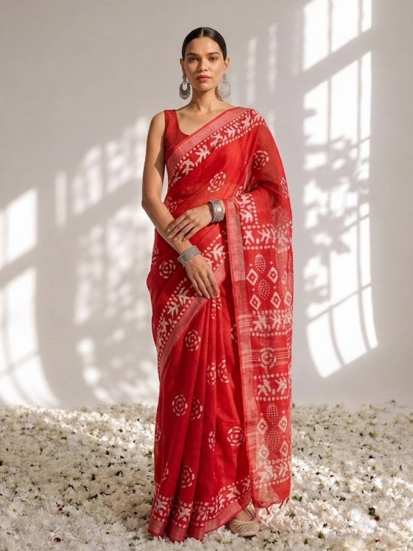 Dhiyona ST Red Hand Block Printed Soft Cotton Saree with Blouse Fabric