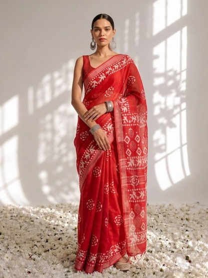Dhiyona ST Red Hand Block Printed Soft Cotton Saree with Blouse Fabric