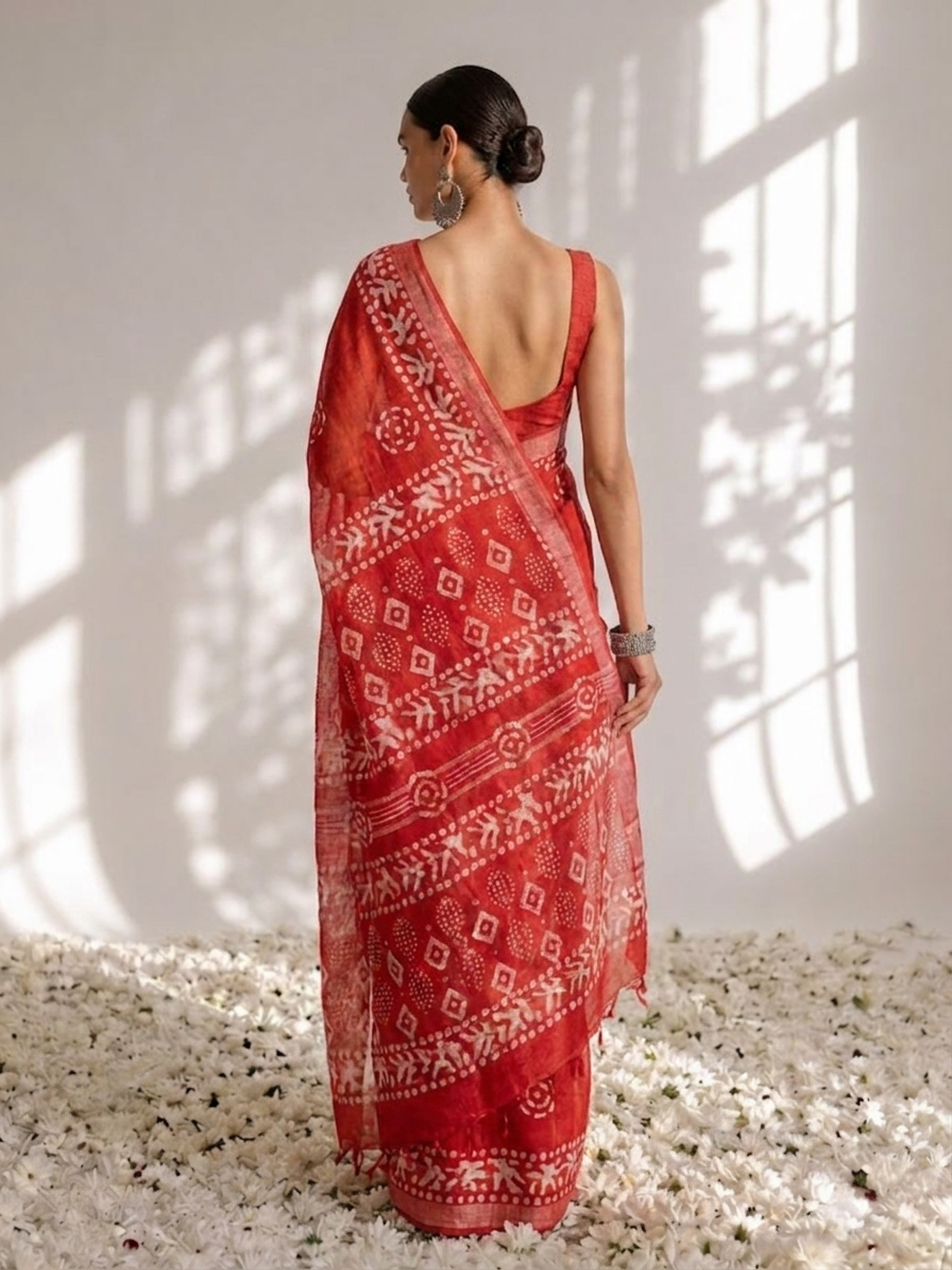 Dhiyona ST Red Hand Block Printed Soft Cotton Saree with Blouse Fabric