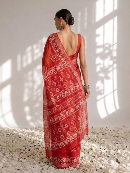 Dhiyona ST Red Hand Block Printed Soft Cotton Saree with Blouse Fabric