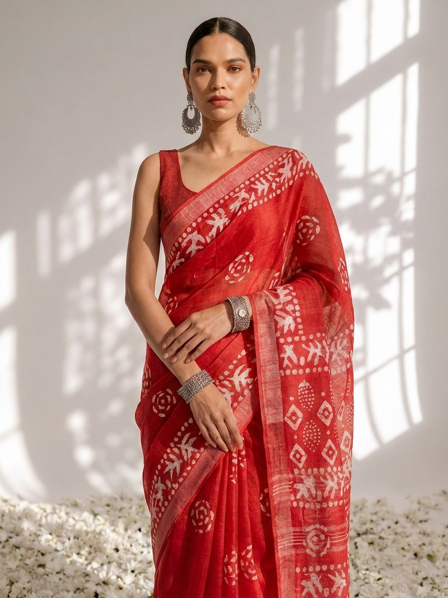 Dhiyona ST Red Hand Block Printed Soft Cotton Saree with Blouse Fabric