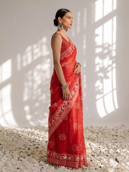 Dhiyona ST Red Hand Block Printed Soft Cotton Saree with Blouse Fabric