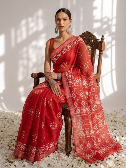 Dhiyona ST Red Hand Block Printed Soft Cotton Saree with Blouse Fabric