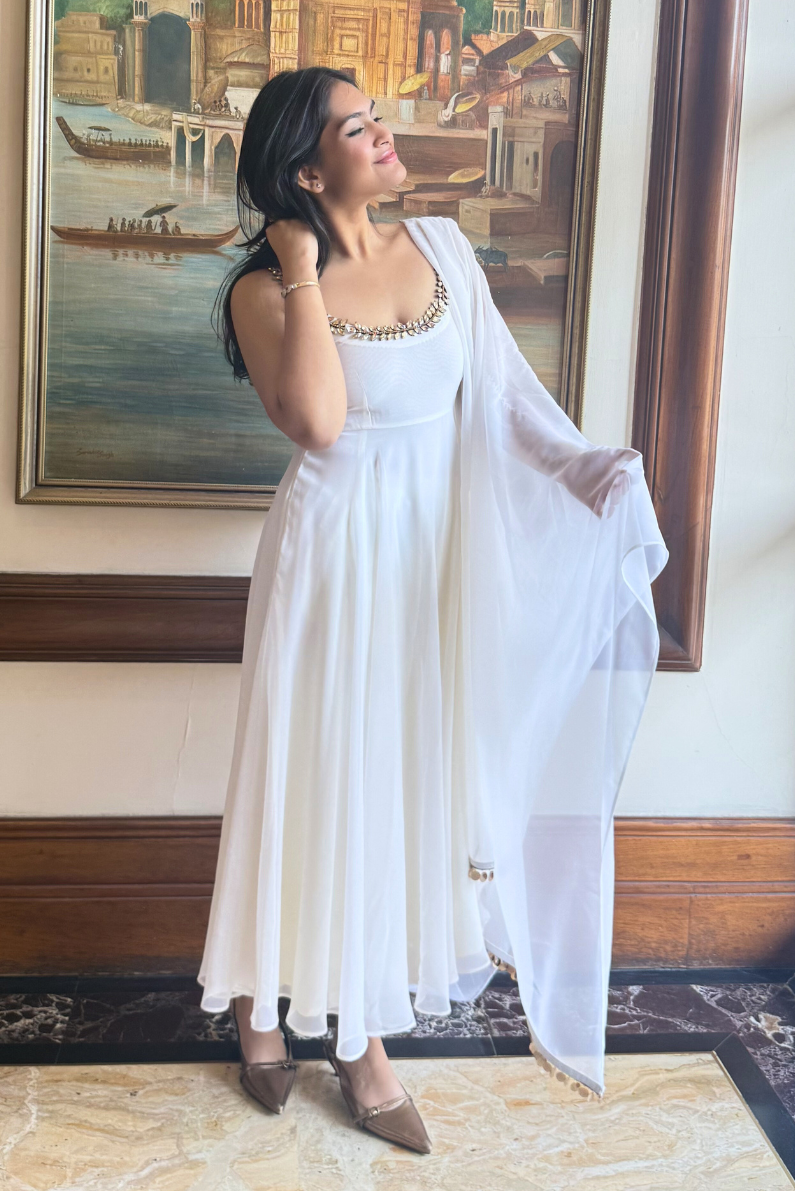 Dhiyona ST 3 pc Suit Set - White Georgette Anarkali Suit with Glass Beads Neck with Pants and Dupatta
