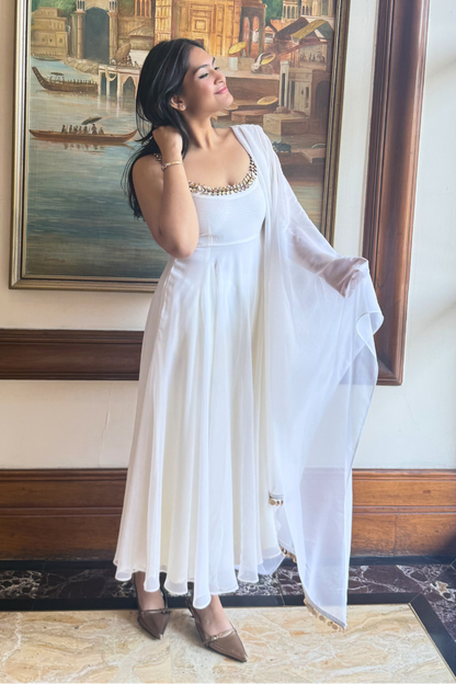 Dhiyona ST 3 pc Suit Set - White Georgette Anarkali Suit with Glass Beads Neck with Pants and Dupatta