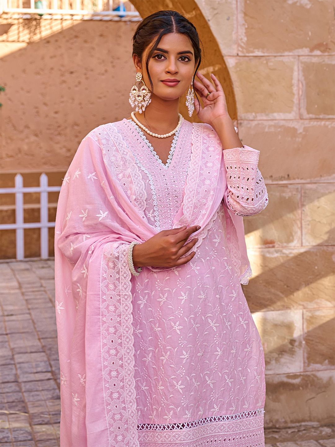 Floral Embroidered V-Neck Thread Work Pure Cotton Kurta With Trousers & Dupatta