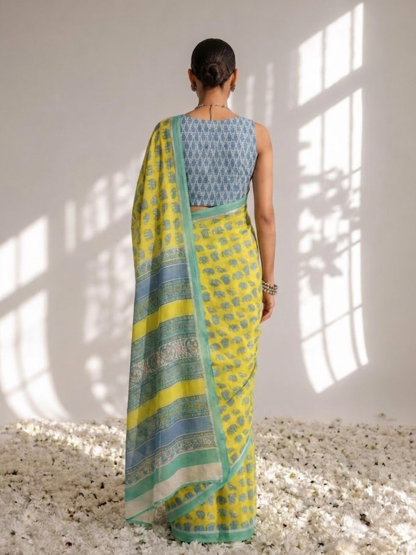 Dhiyona ST Elephant Yellow Hand Block Cotton Saree with Green Border and Blue Blouse