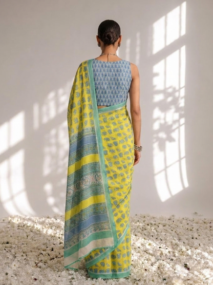 Dhiyona ST Elephant Yellow Hand Block Cotton Saree with Green Border and Blue Blouse