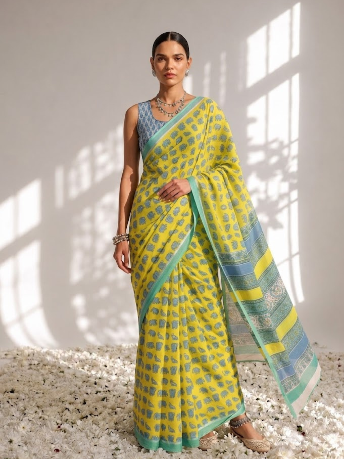 Dhiyona ST Elephant Yellow Hand Block Cotton Saree with Green Border and Blue Blouse