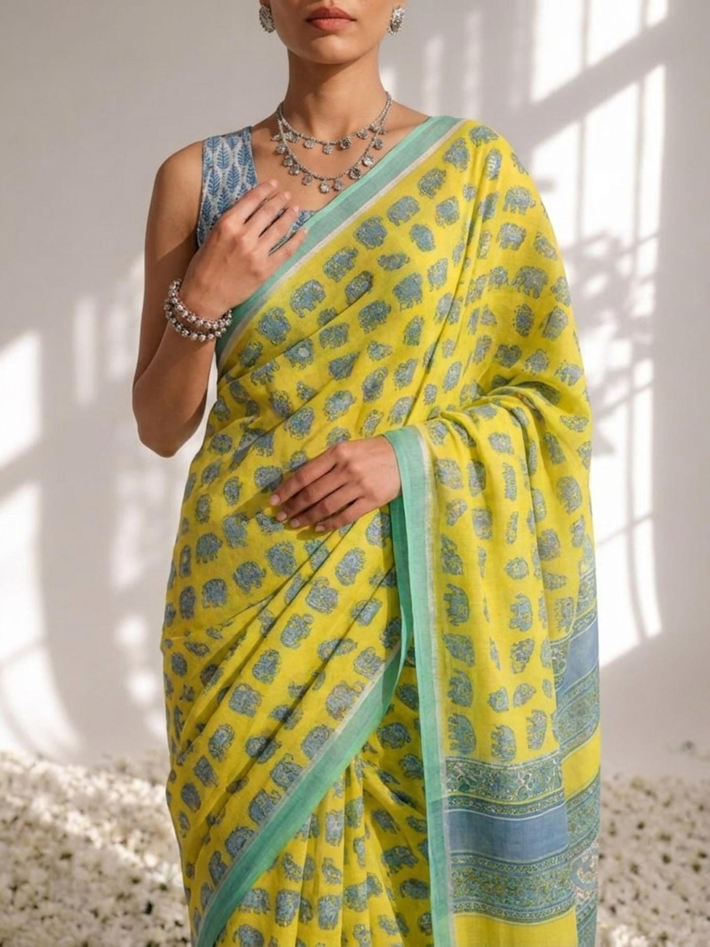 Dhiyona ST Elephant Yellow Hand Block Cotton Saree with Green Border and Blue Blouse