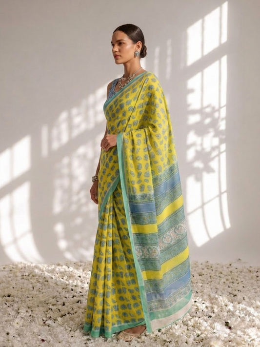 Dhiyona ST Elephant Yellow Hand Block Cotton Saree with Green Border and Blue Blouse