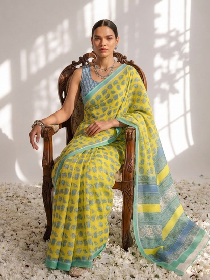 Dhiyona ST Elephant Yellow Hand Block Cotton Saree with Green Border and Blue Blouse