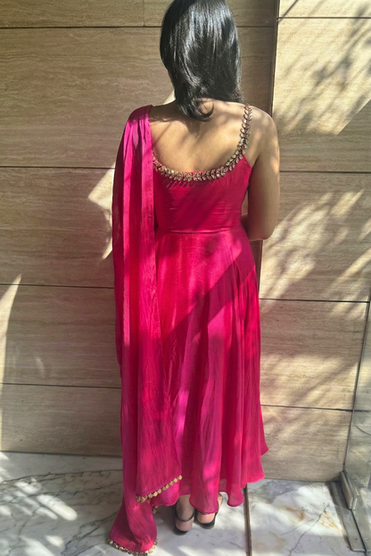 Dhiyona ST 3 pc Suit Set - Fuschia Dual Shade Satin Anarkali Suit with Glass Beads Neck with Pants and Dupatta