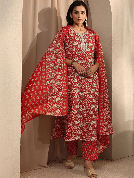 Women Floral Printed Regular Thread Work Kurta with Trousers & With Dupatta