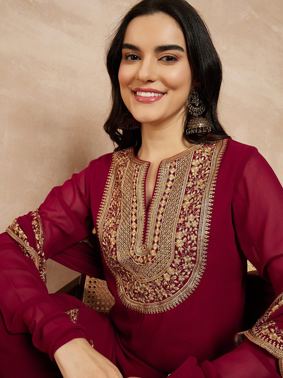 Dhiyona IN Marron & Gold Toned Yoke Design Embroidered Straight Kurta With Sharara & Dupatta