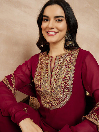 Dhiyona IN Marron & Gold Toned Yoke Design Embroidered Straight Kurta With Sharara & Dupatta