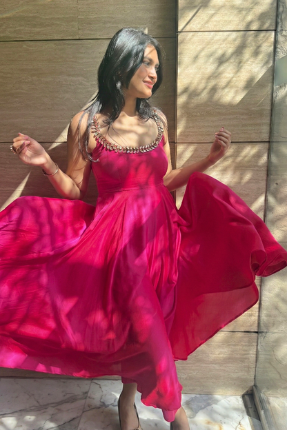 Dhiyona ST 3 pc Suit Set - Fuschia Dual Shade Satin Anarkali Suit with Glass Beads Neck with Pants and Dupatta