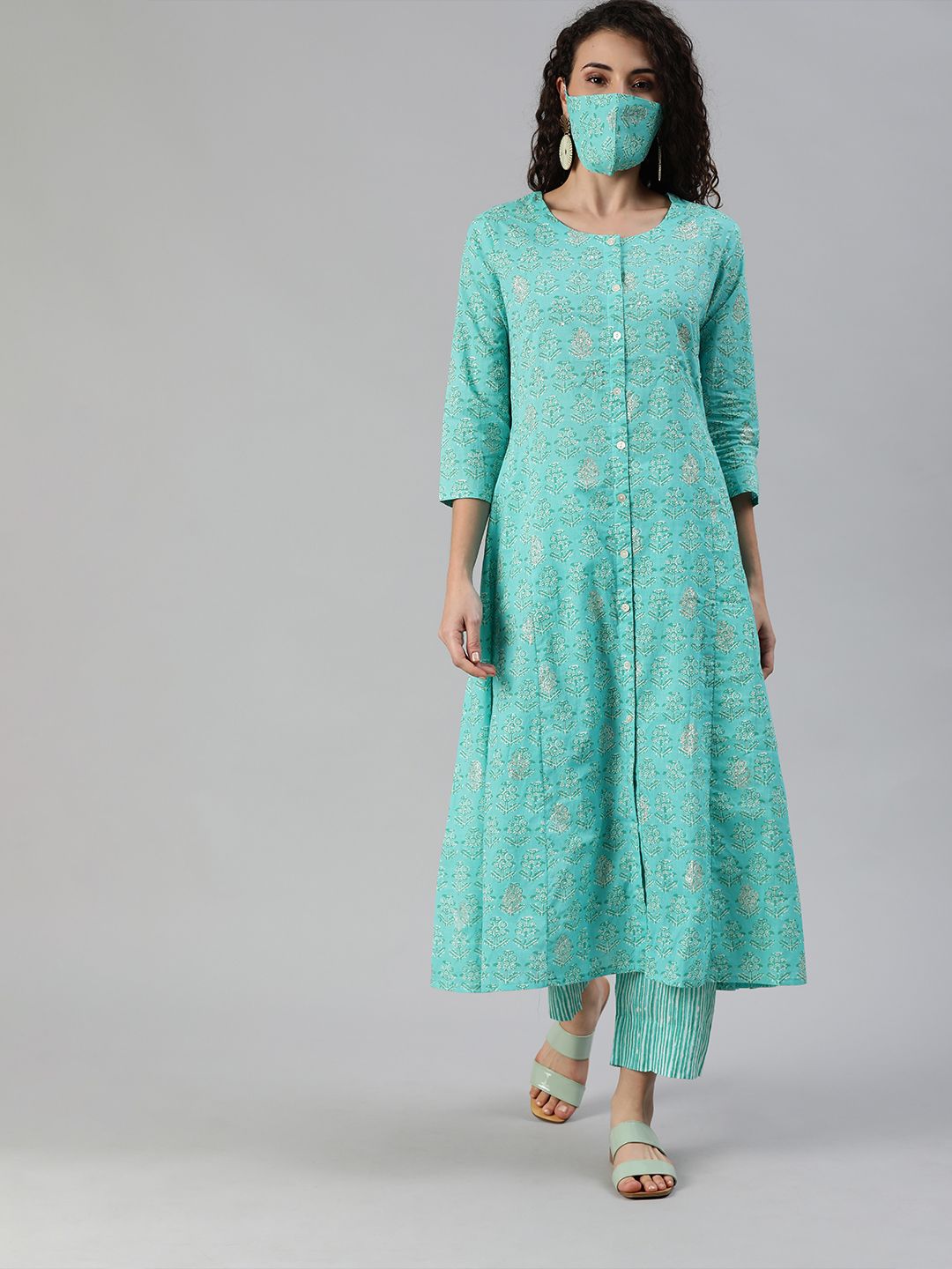 Dhiyona IS Women's Women Turquoise Blue White Printed Sequinned A-line Kurta Set