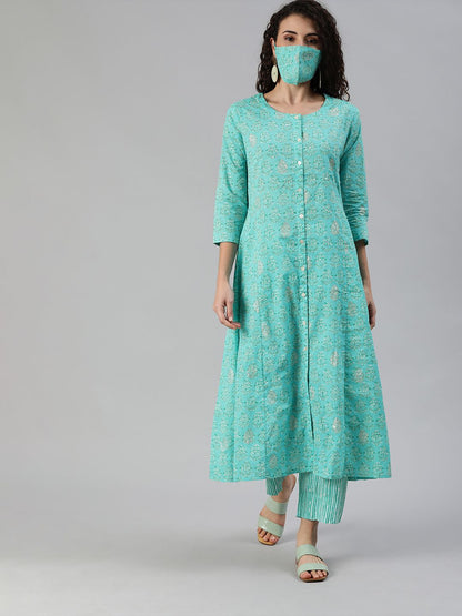 Dhiyona IS Women's Women Turquoise Blue White Printed Sequinned A-line Kurta Set