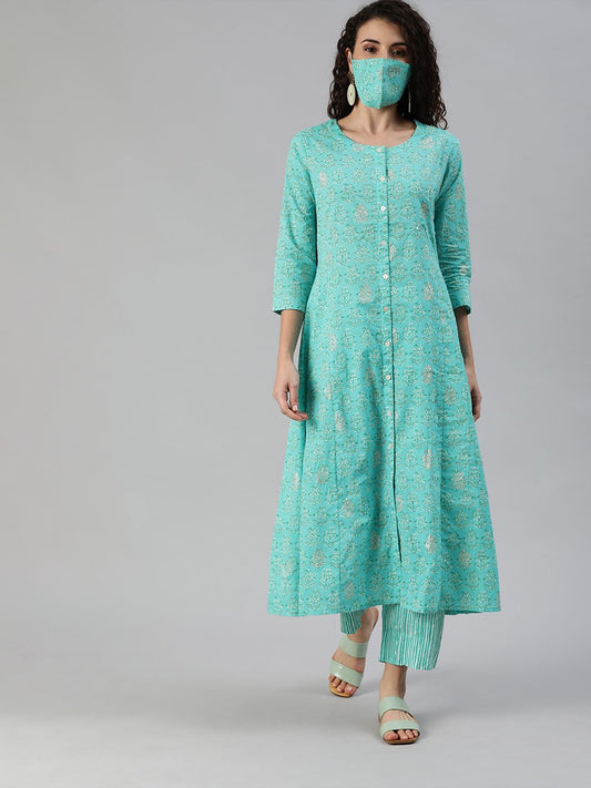 Dhiyona IS Women's Women Turquoise Blue White Printed Sequinned A-line Kurta Set