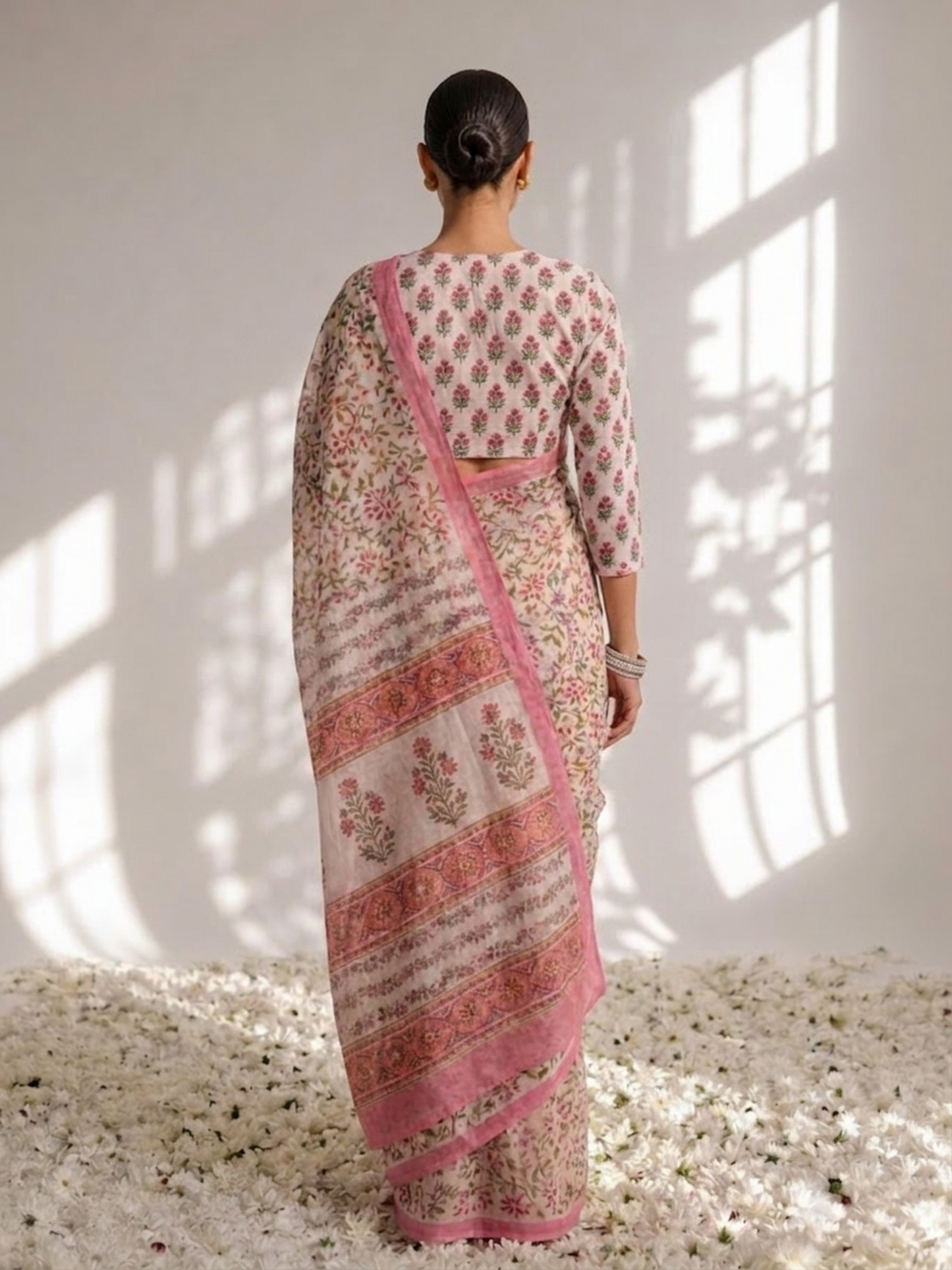 Dhiyona ST Pink Pure Silk Chiffon Printed Saree with Blouse Fabric