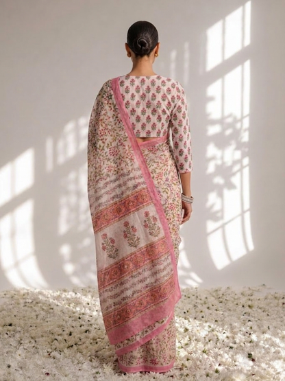Dhiyona ST Pink Pure Silk Chiffon Printed Saree with Blouse Fabric