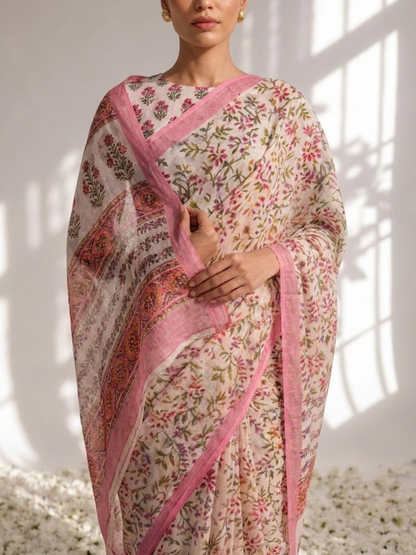 Dhiyona ST Pink Pure Silk Chiffon Printed Saree with Blouse Fabric