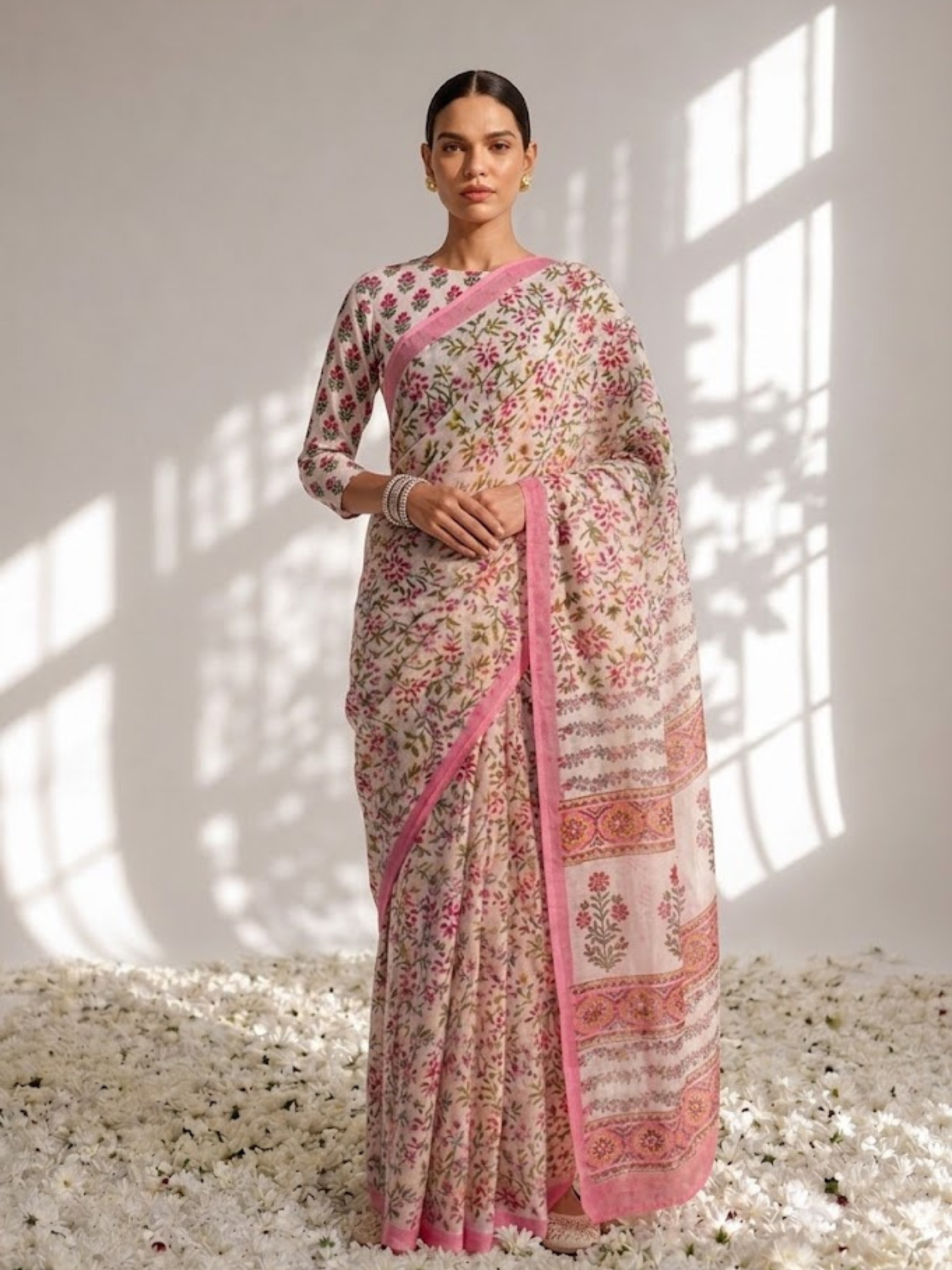 Dhiyona ST Pink Pure Silk Chiffon Printed Saree with Blouse Fabric