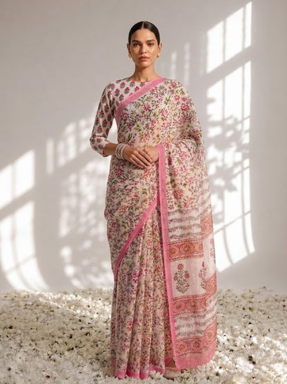 Dhiyona ST Pink Pure Silk Chiffon Printed Saree with Blouse Fabric