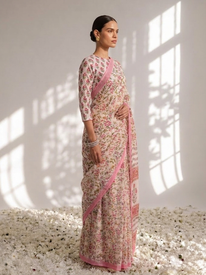 Dhiyona ST Pink Pure Silk Chiffon Printed Saree with Blouse Fabric
