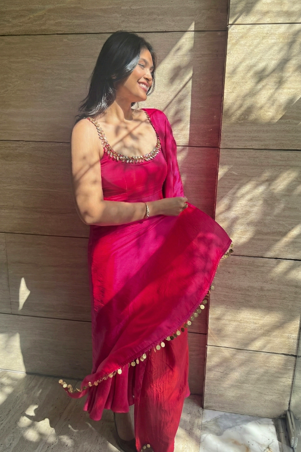 Dhiyona ST 3 pc Suit Set - Fuschia Dual Shade Satin Anarkali Suit with Glass Beads Neck with Pants and Dupatta