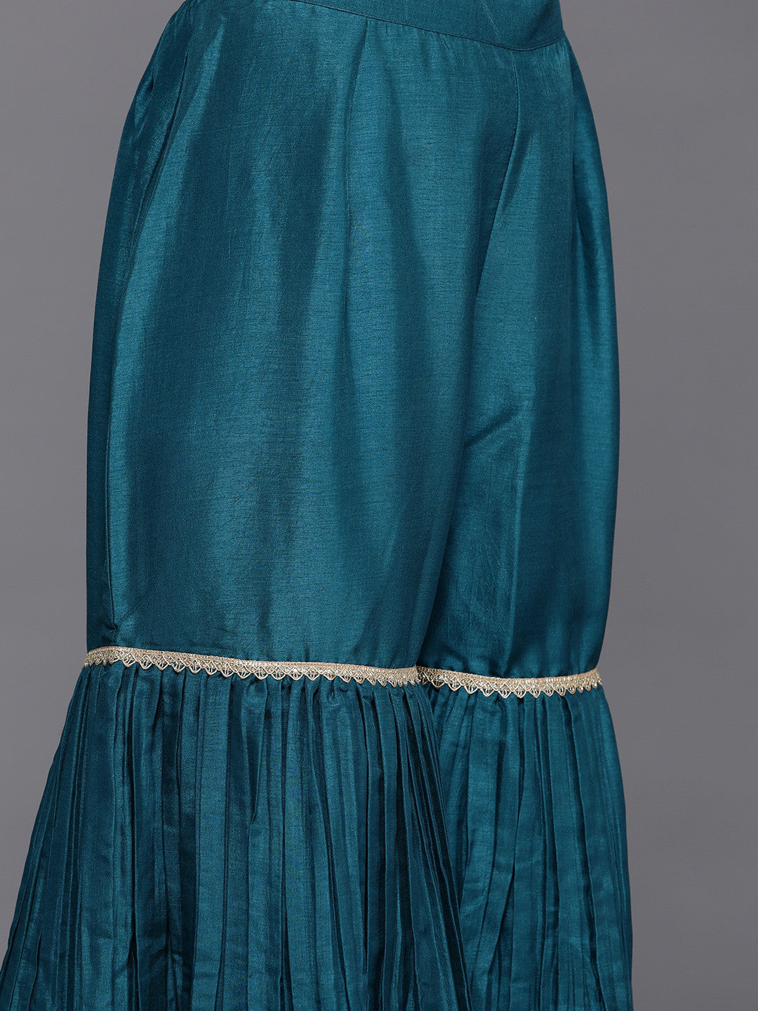 Women Teal Floral Embroidered Sequinned Pure Silk Kurta with Sharara & With Dupatta