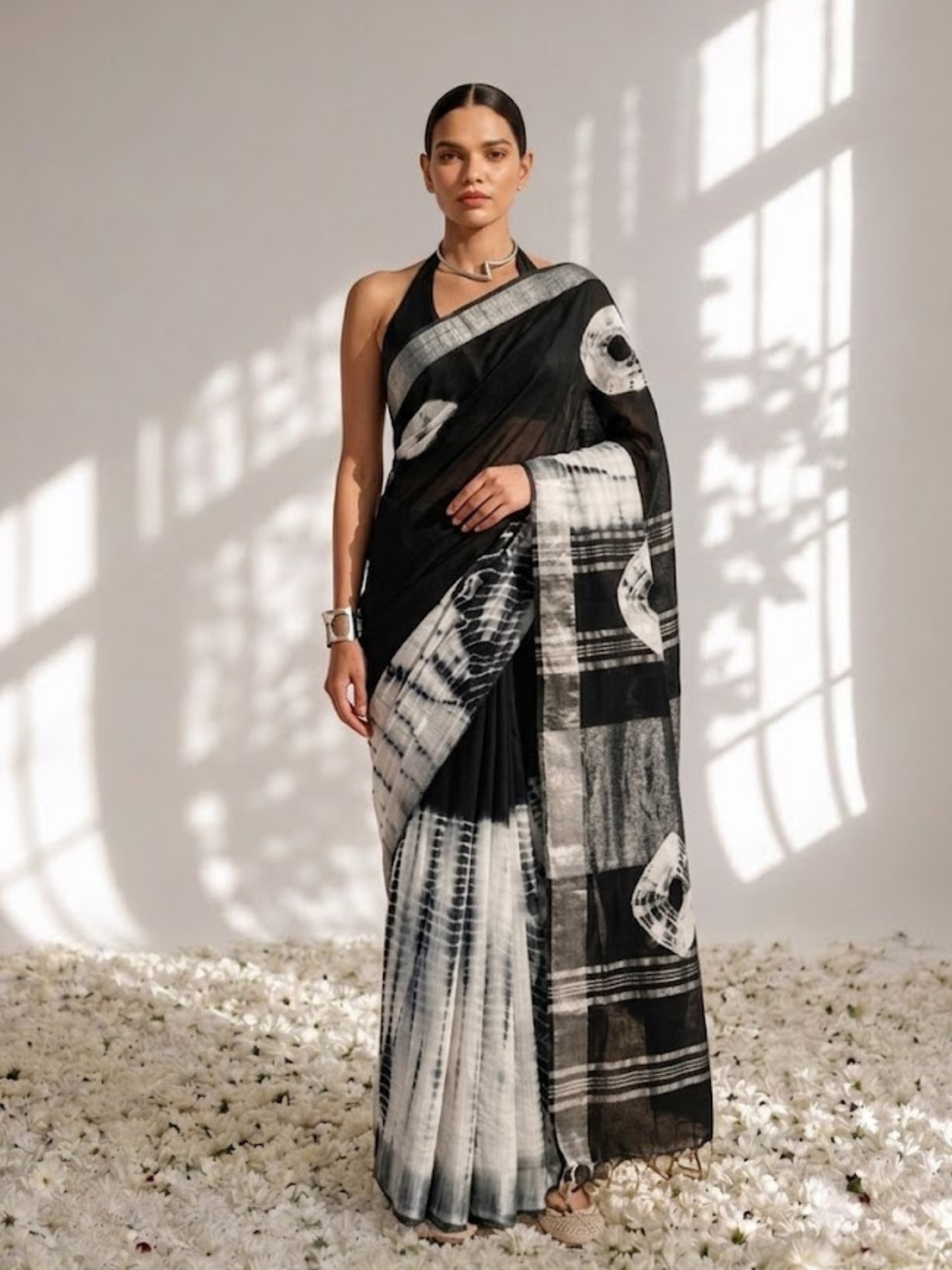 Dhiyona ST Black and White Hand Tie Dye Soft Cotton Saree